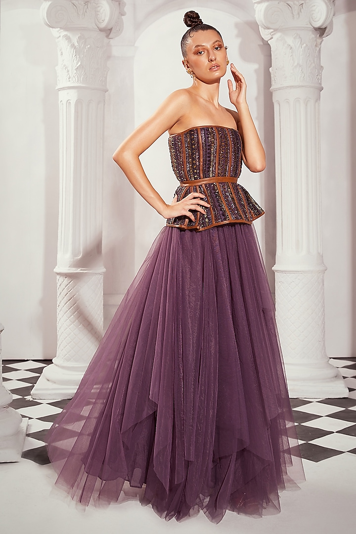 Aubergine Tulle High-Waist Skirt by Nikita Mhaisalkar