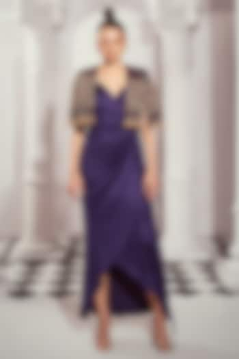 Navy Blue Silk satin Draped Dress by Nikita Mhaisalkar