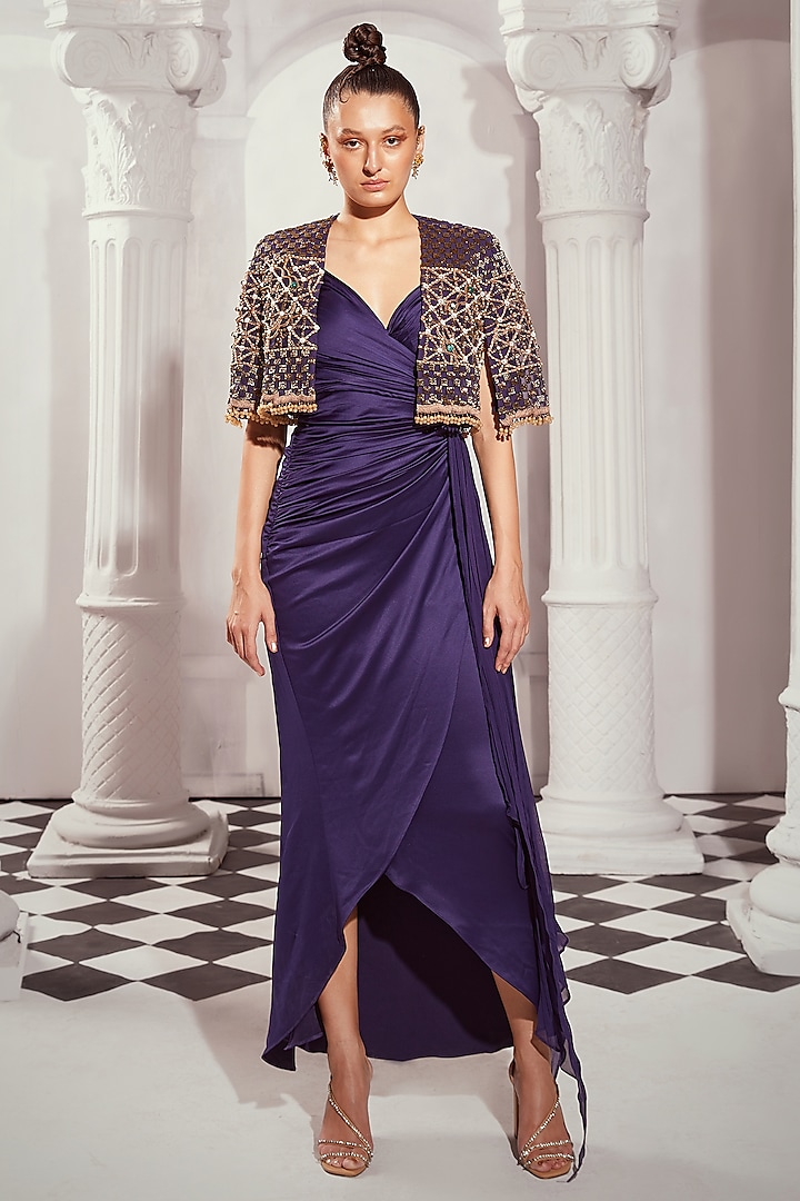 Navy Blue Silk satin Draped Dress by Nikita Mhaisalkar