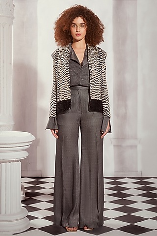 Grey Silk Satin Tweed Digital Printed Pants by Nikita Mhaisalkar