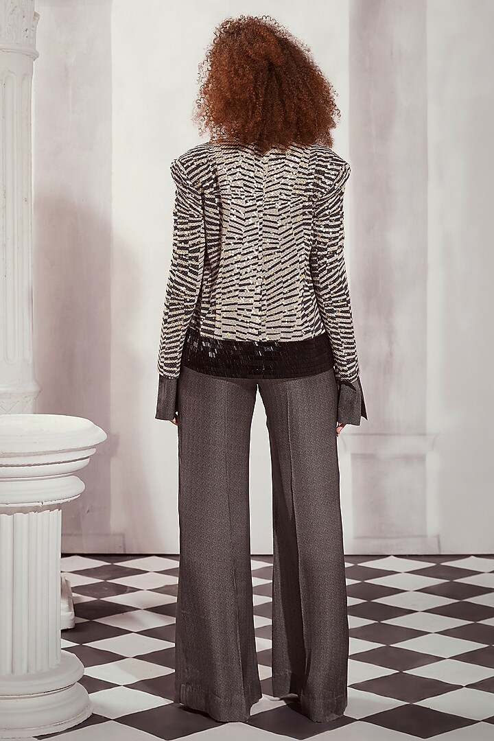 Grey Silk Satin Tweed Digital Printed Pants by Nikita Mhaisalkar at Pernia's Pop Up Shop