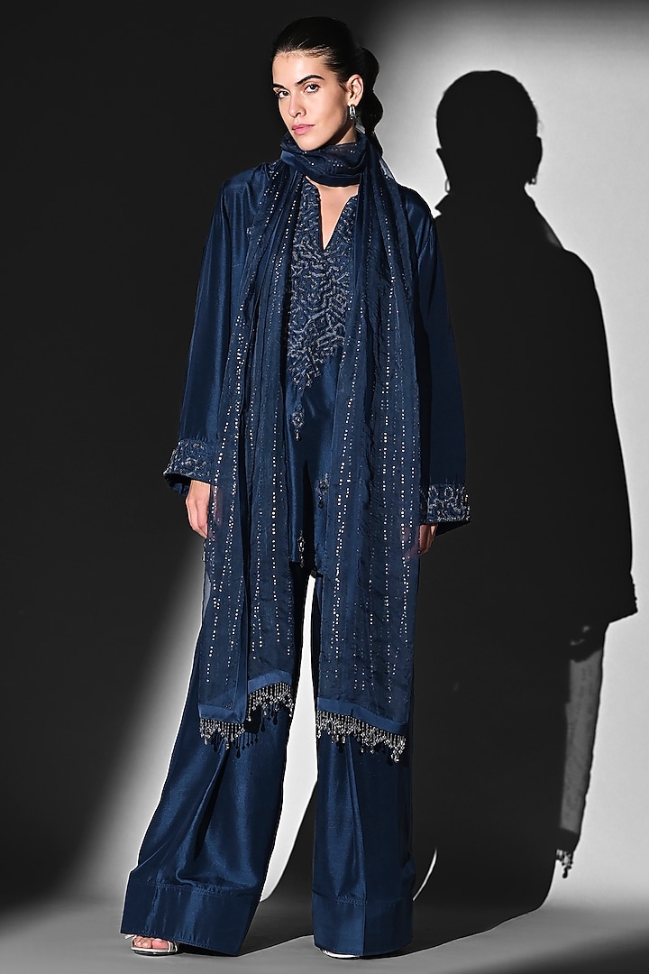 Indigo Blue Pure Silk Glass Beads Embroidered Kurta Set by Nikita Mhaisalkar at Pernia's Pop Up Shop