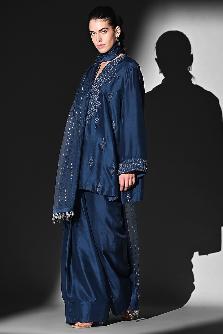 Indigo Blue Pure Silk Glass Beads Embroidered Kurta Set by Nikita Mhaisalkar at Pernia's Pop Up Shop