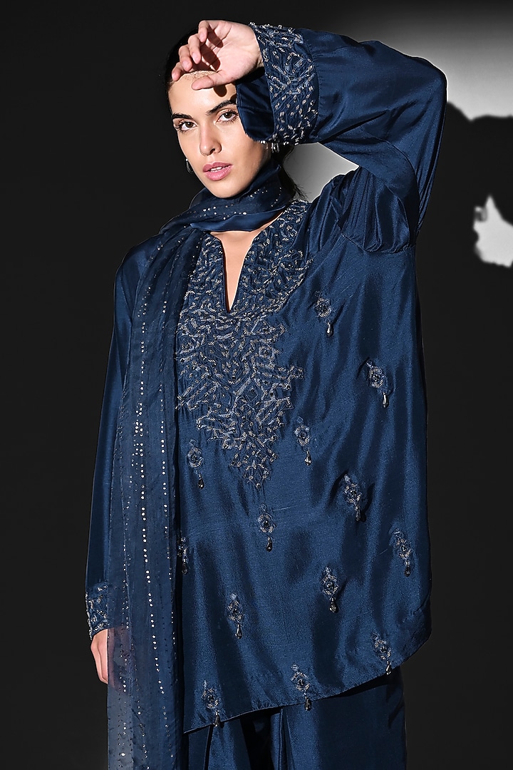 Indigo Blue Pure Silk Glass Beads Embroidered Kurta Set by Nikita Mhaisalkar at Pernia's Pop Up Shop