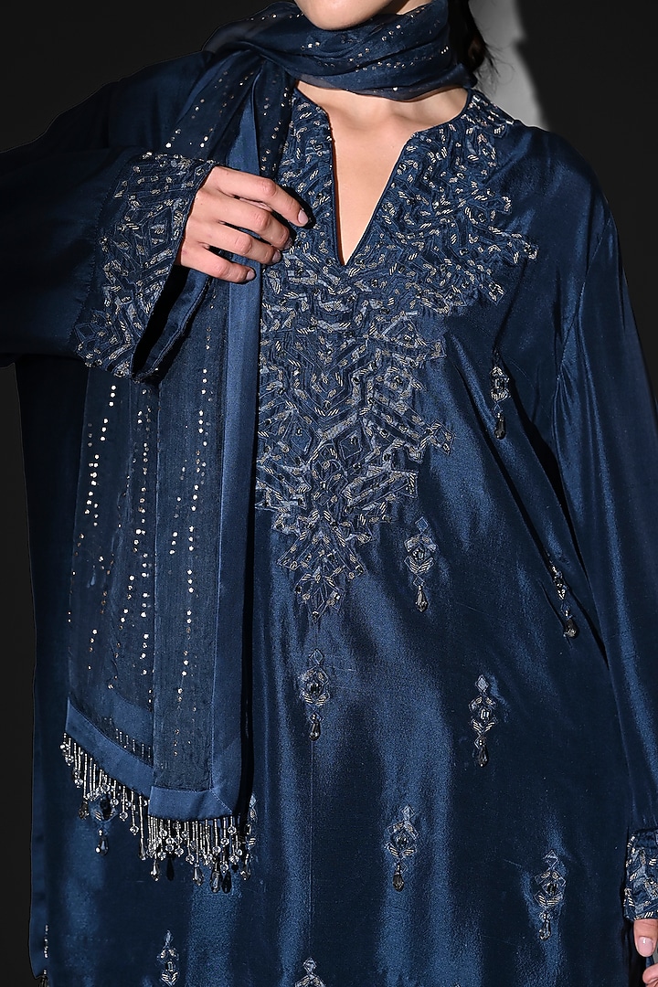 Indigo Blue Pure Silk Glass Beads Embroidered Kurta Set by Nikita Mhaisalkar at Pernia's Pop Up Shop