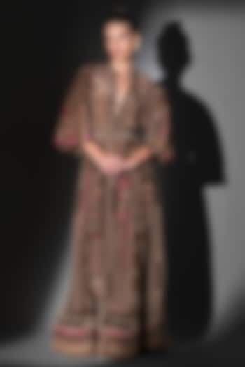 Brown Silk Crepe Placement Printed Maxi Party Wear Dress With Belt by Nikita Mhaisalkar at Pernia's Pop Up Shop