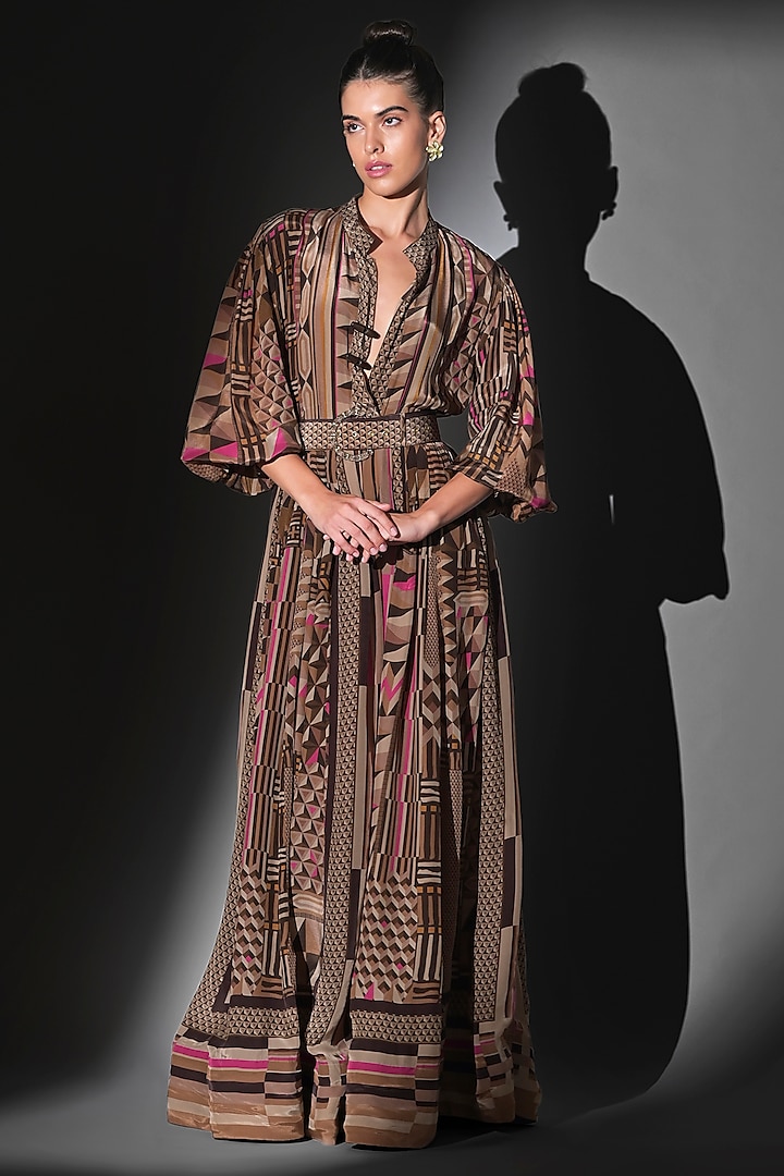 Brown Silk Crepe Placement Printed Maxi Party Wear Dress With Belt by Nikita Mhaisalkar at Pernia's Pop Up Shop