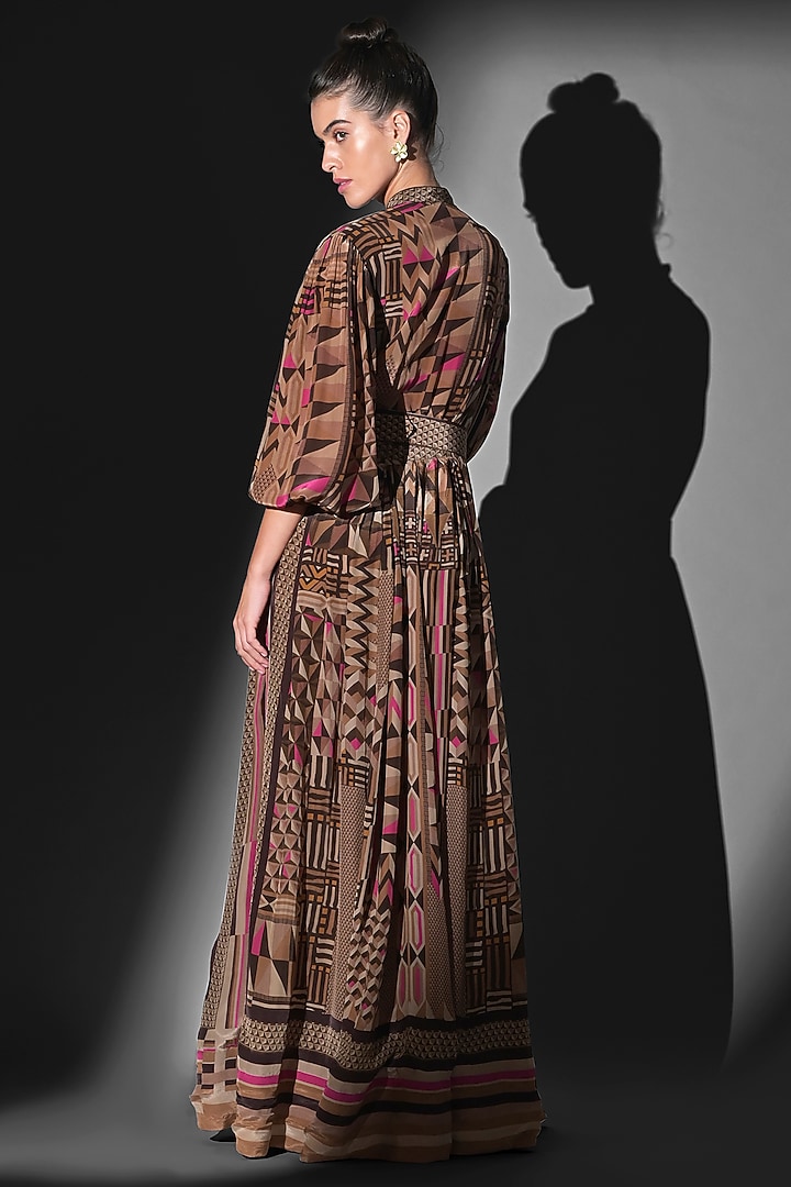 Brown Silk Crepe Placement Printed Maxi Party Wear Dress With Belt by Nikita Mhaisalkar at Pernia's Pop Up Shop