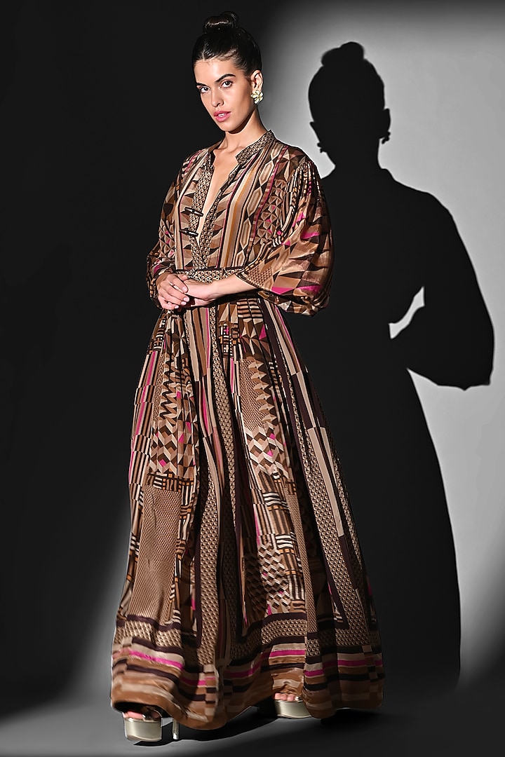 Brown Silk Crepe Placement Printed Maxi Party Wear Dress With Belt by Nikita Mhaisalkar at Pernia's Pop Up Shop
