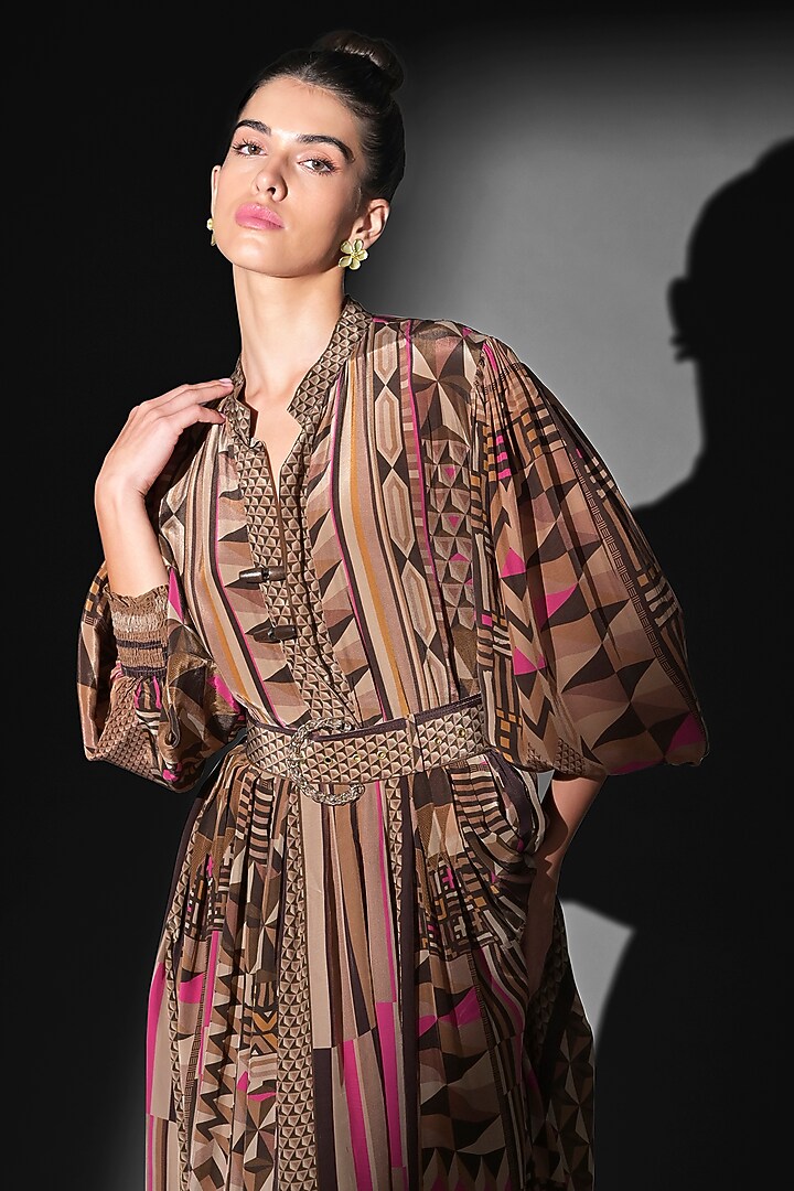 Brown Silk Crepe Placement Printed Maxi Party Wear Dress With Belt by Nikita Mhaisalkar at Pernia's Pop Up Shop