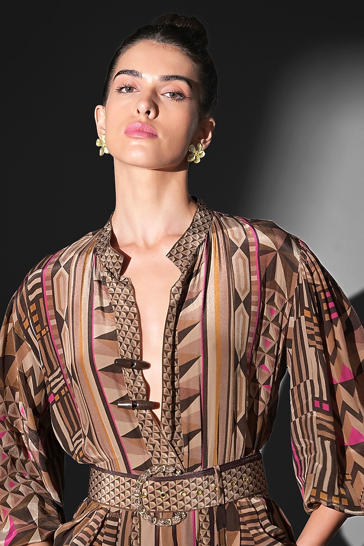 Brown Silk Crepe Placement Printed Maxi Party Wear Dress With Belt by Nikita Mhaisalkar at Pernia's Pop Up Shop