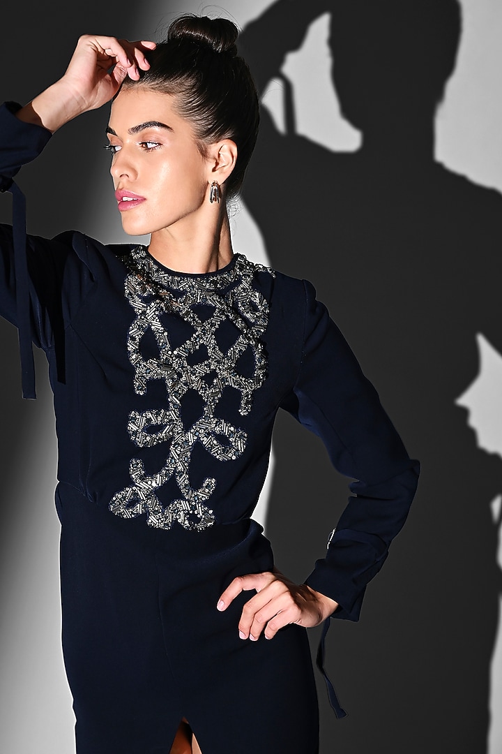Indigo Blue Luxe Suiting Gun-Metal Embroidered Party Wear Dress With Belt by Nikita Mhaisalkar at Pernia's Pop Up Shop