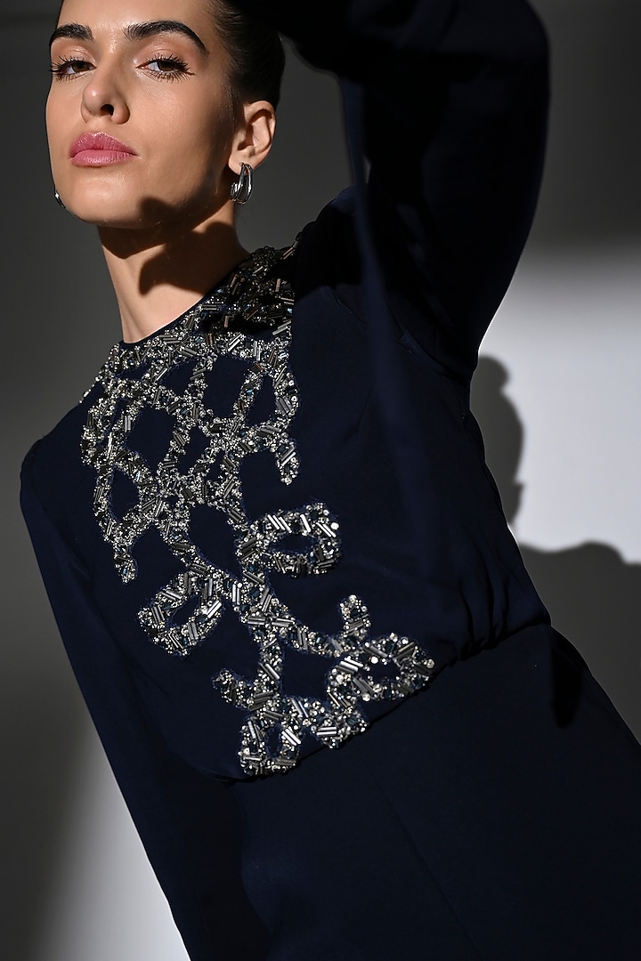 Indigo Blue Luxe Suiting Gun-Metal Embroidered Party Wear Dress With Belt by Nikita Mhaisalkar at Pernia's Pop Up Shop