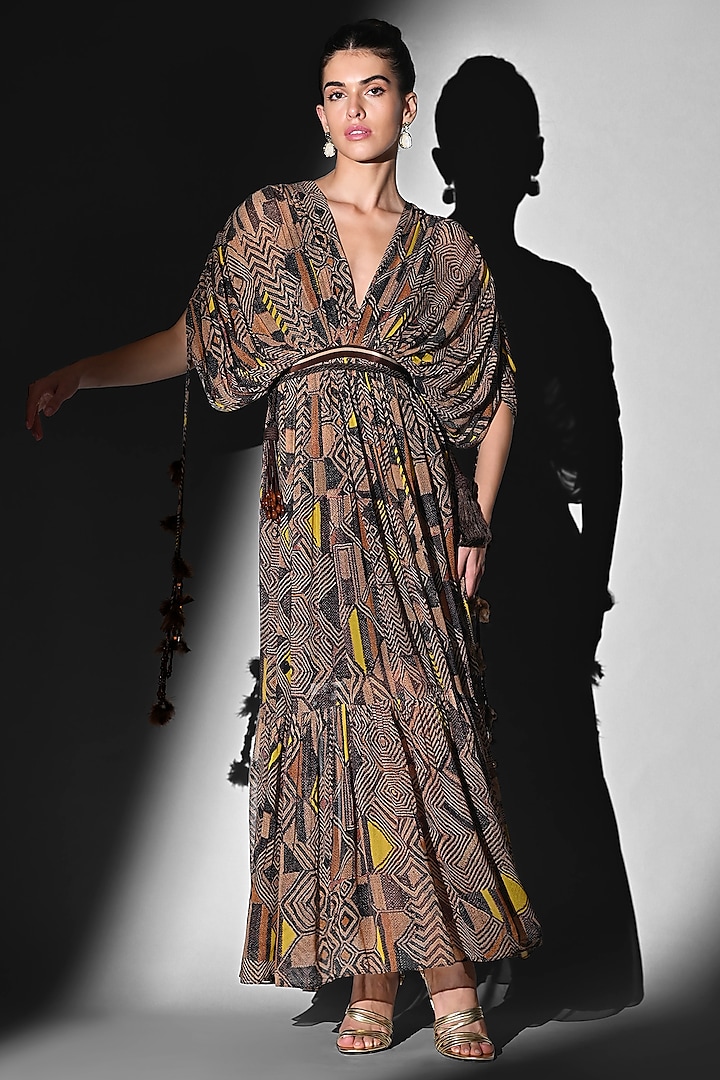 Brown Pure Georgette Beaded Midi Party Wear Dress by Nikita Mhaisalkar at Pernia's Pop Up Shop