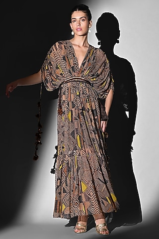 Brown Pure Georgette Beaded Midi Dress by Nikita Mhaisalkar