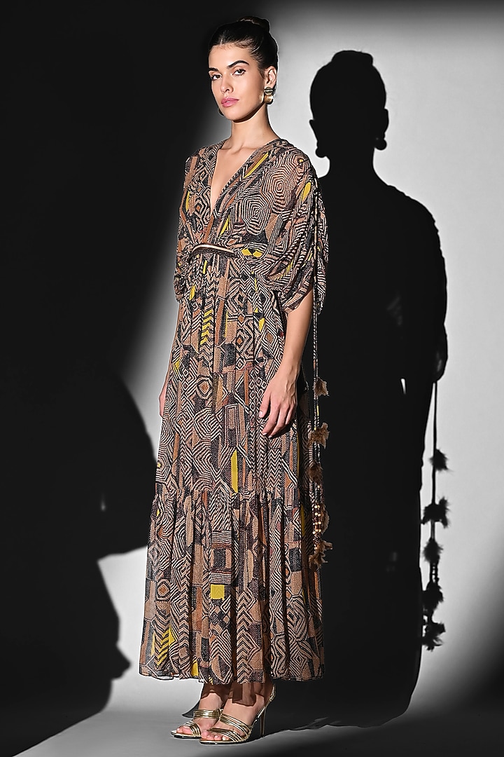 Brown Pure Georgette Beaded Midi Party Wear Dress by Nikita Mhaisalkar at Pernia's Pop Up Shop