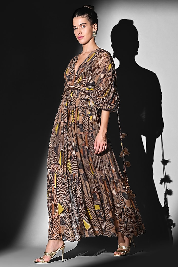 Brown Pure Georgette Beaded Midi Party Wear Dress by Nikita Mhaisalkar at Pernia's Pop Up Shop