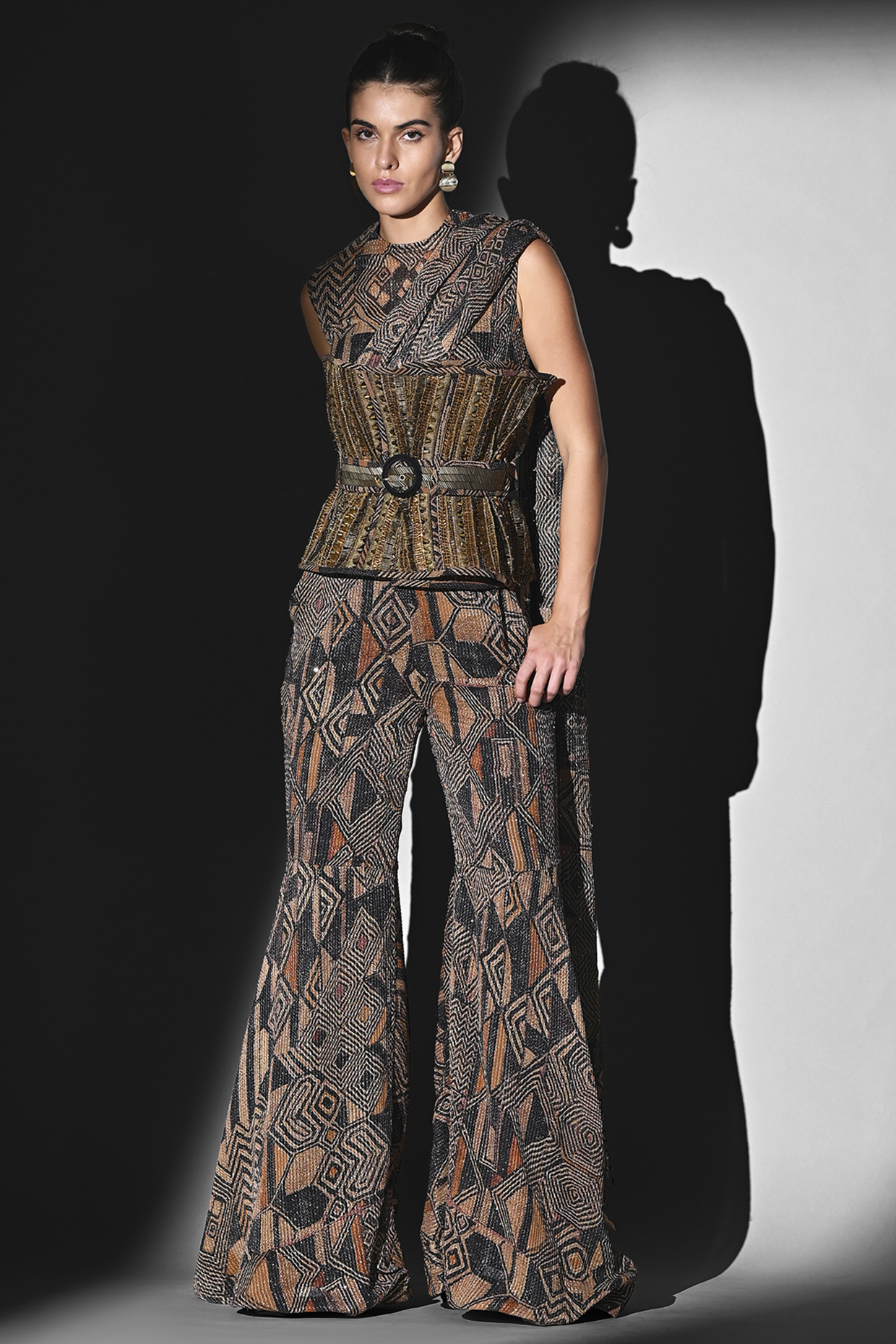 Brown Sequins Georgette Geometric Printed Pant Set by Nikita Mhaisalkar at Pernia's Pop Up Shop