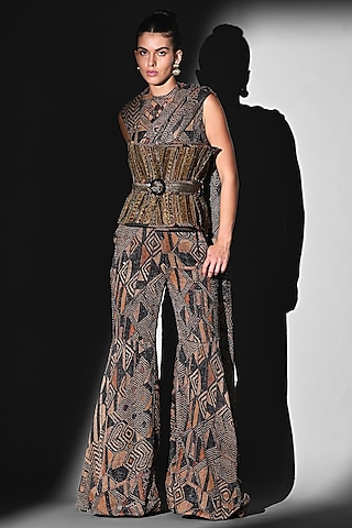 Brown Sequins Georgette Geometric Printed Pant Set by Nikita Mhaisalkar