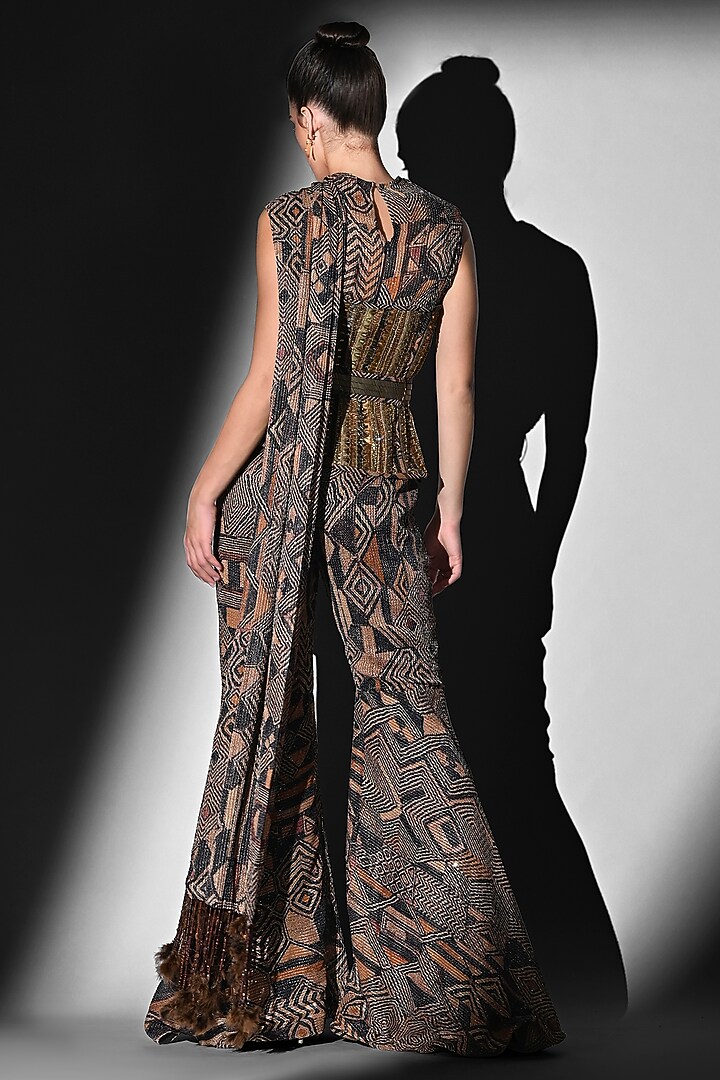 Brown Sequins Georgette Geometric Printed Pant Set by Nikita Mhaisalkar at Pernia's Pop Up Shop