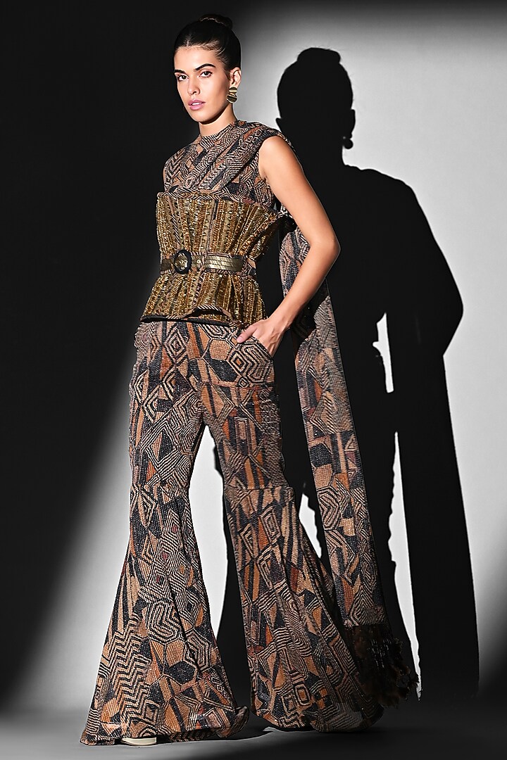 Brown Sequins Georgette Geometric Printed Pant Set by Nikita Mhaisalkar at Pernia's Pop Up Shop