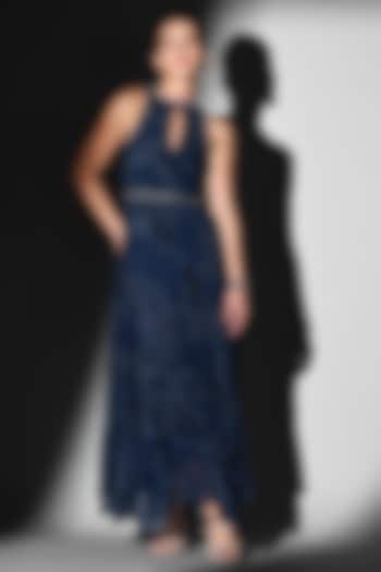 Indigo Blue Pure Georgette Swirl Printed & Embroidered Party Wear Dress by Nikita Mhaisalkar at Pernia's Pop Up Shop