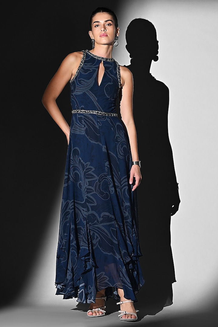 Indigo Blue Pure Georgette Swirl Printed & Embroidered Party Wear Dress by Nikita Mhaisalkar at Pernia's Pop Up Shop