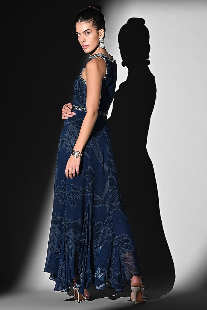 Indigo Blue Pure Georgette Swirl Printed & Embroidered Party Wear Dress by Nikita Mhaisalkar at Pernia's Pop Up Shop