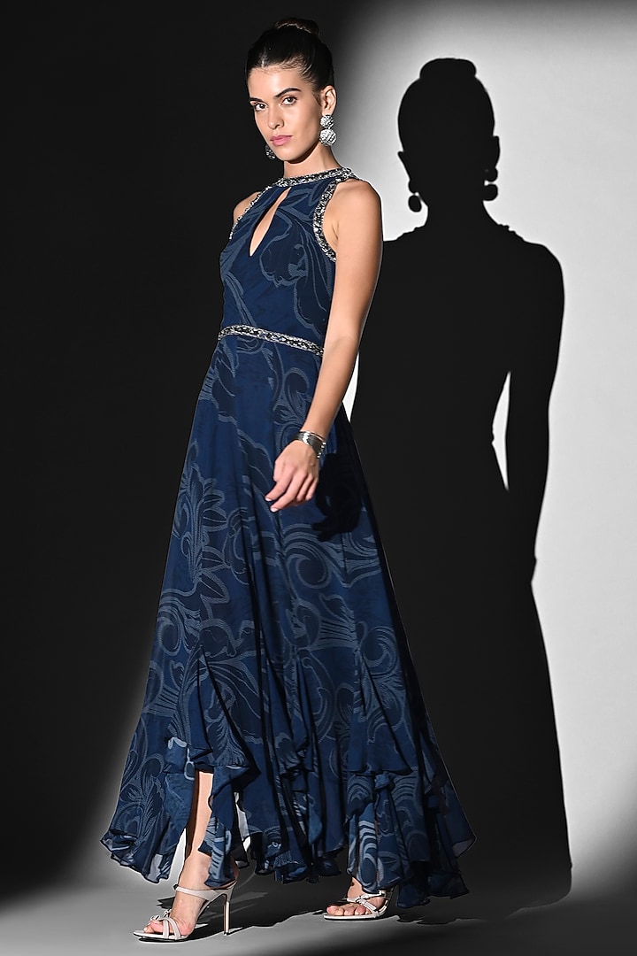 Indigo Blue Pure Georgette Swirl Printed & Embroidered Party Wear Dress by Nikita Mhaisalkar at Pernia's Pop Up Shop