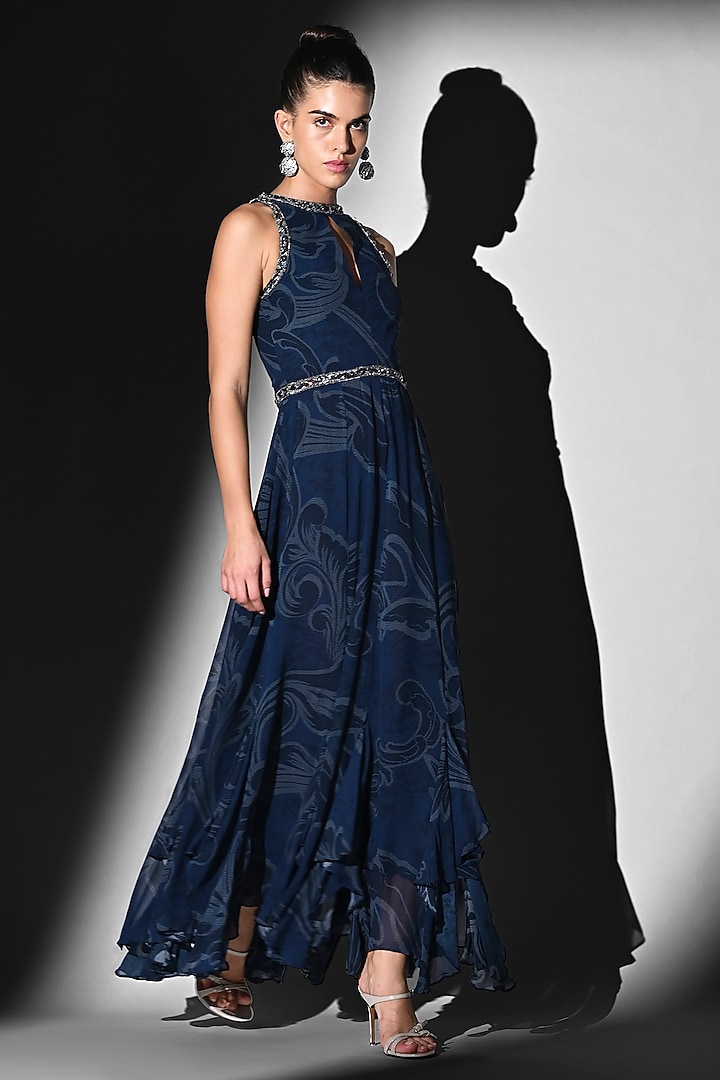 Indigo Blue Pure Georgette Swirl Printed & Embroidered Party Wear Dress by Nikita Mhaisalkar at Pernia's Pop Up Shop