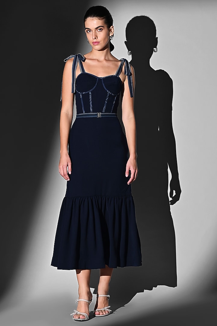 Indigo Blue Luxe Suiting Corset Tie-Up Cocktail Dress by Nikita Mhaisalkar at Pernia's Pop Up Shop