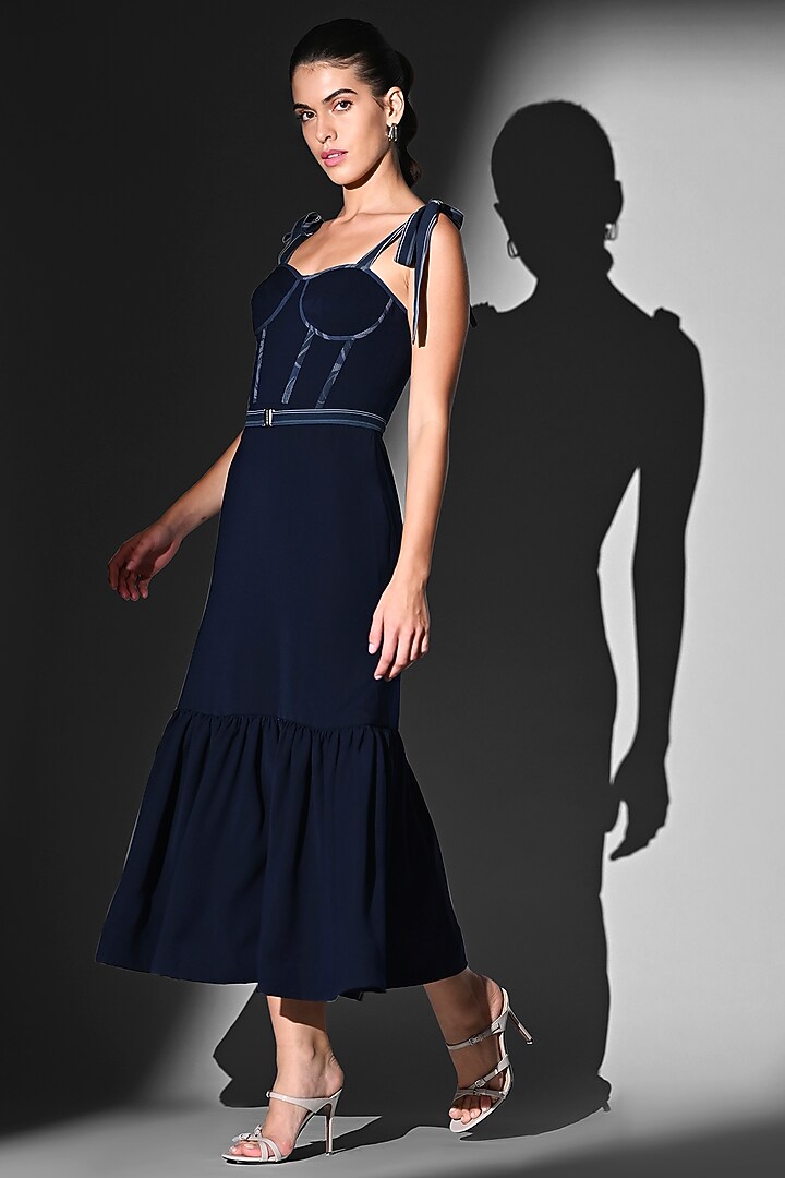 Indigo Blue Luxe Suiting Corset Tie-Up Cocktail Dress by Nikita Mhaisalkar at Pernia's Pop Up Shop