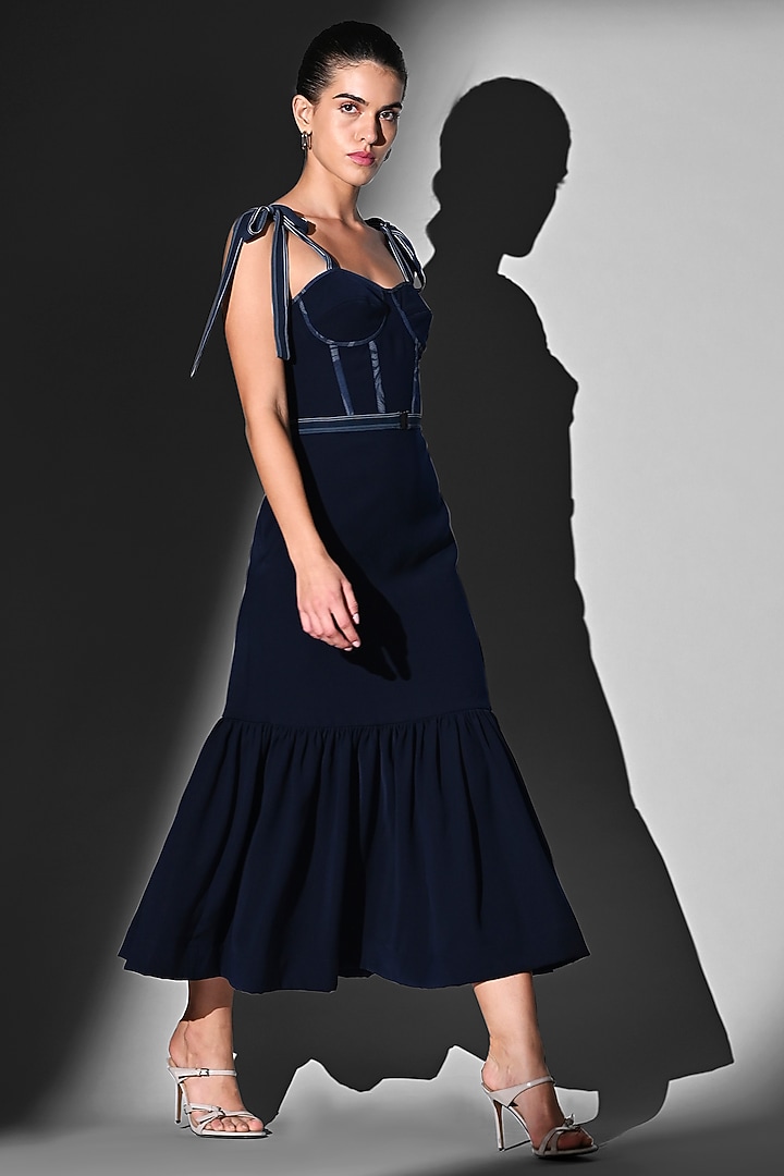 Indigo Blue Luxe Suiting Corset Tie-Up Cocktail Dress by Nikita Mhaisalkar at Pernia's Pop Up Shop