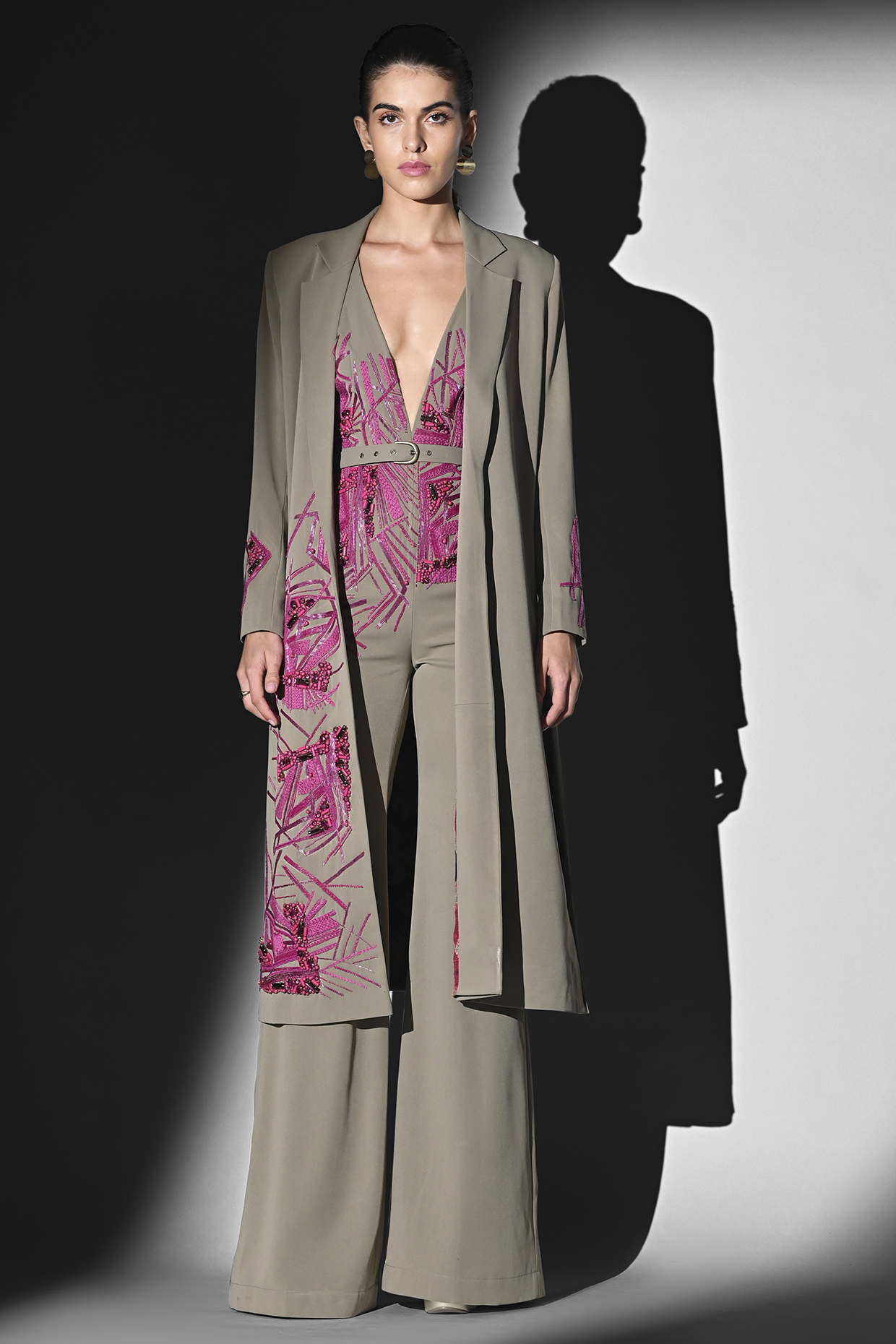 Beige Luxe Suiting Thread Embroidered Jumpsuit by Nikita Mhaisalkar at Pernia's Pop Up Shop