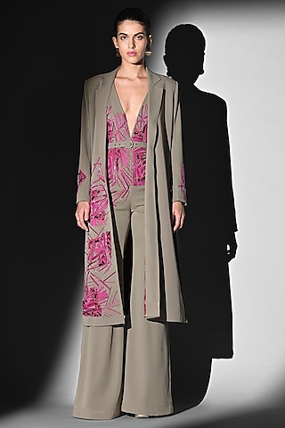 Beige Luxe Suiting Thread Embroidered Jumpsuit by Nikita Mhaisalkar