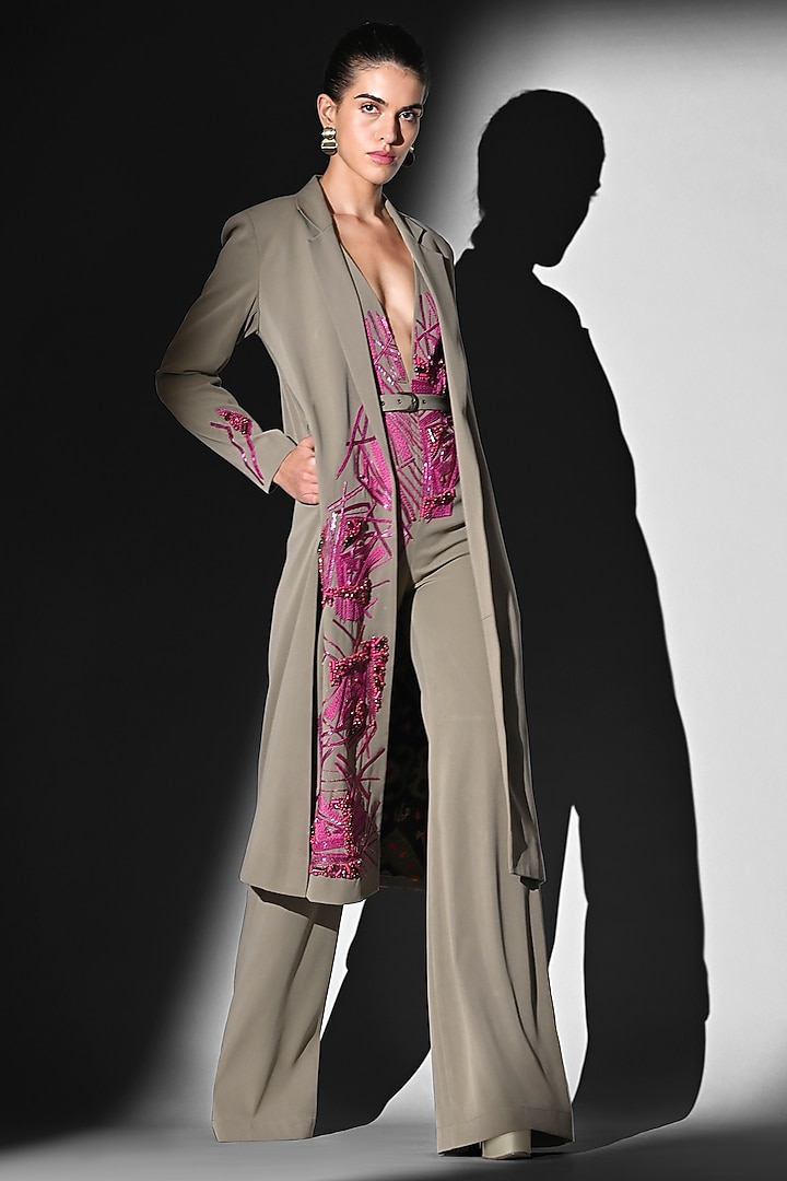 Beige Luxe Suiting Thread Embroidered Jumpsuit by Nikita Mhaisalkar at Pernia's Pop Up Shop