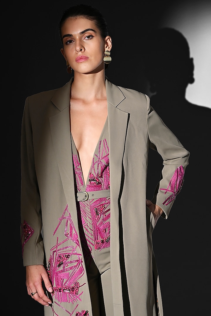 Beige Luxe Suiting Thread Embroidered Jumpsuit by Nikita Mhaisalkar at Pernia's Pop Up Shop
