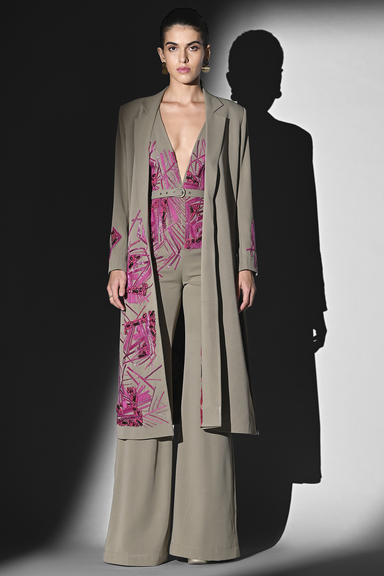Beige Luxe Suiting Thread Embroidered Trench Jacket by Nikita Mhaisalkar at Pernia's Pop Up Shop