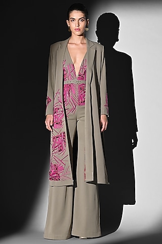 Beige Luxe Suiting Thread Embroidered Trench Jacket by Nikita Mhaisalkar