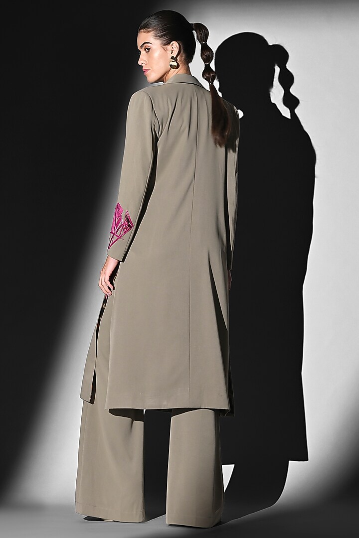 Beige Luxe Suiting Thread Embroidered Trench Jacket by Nikita Mhaisalkar at Pernia's Pop Up Shop