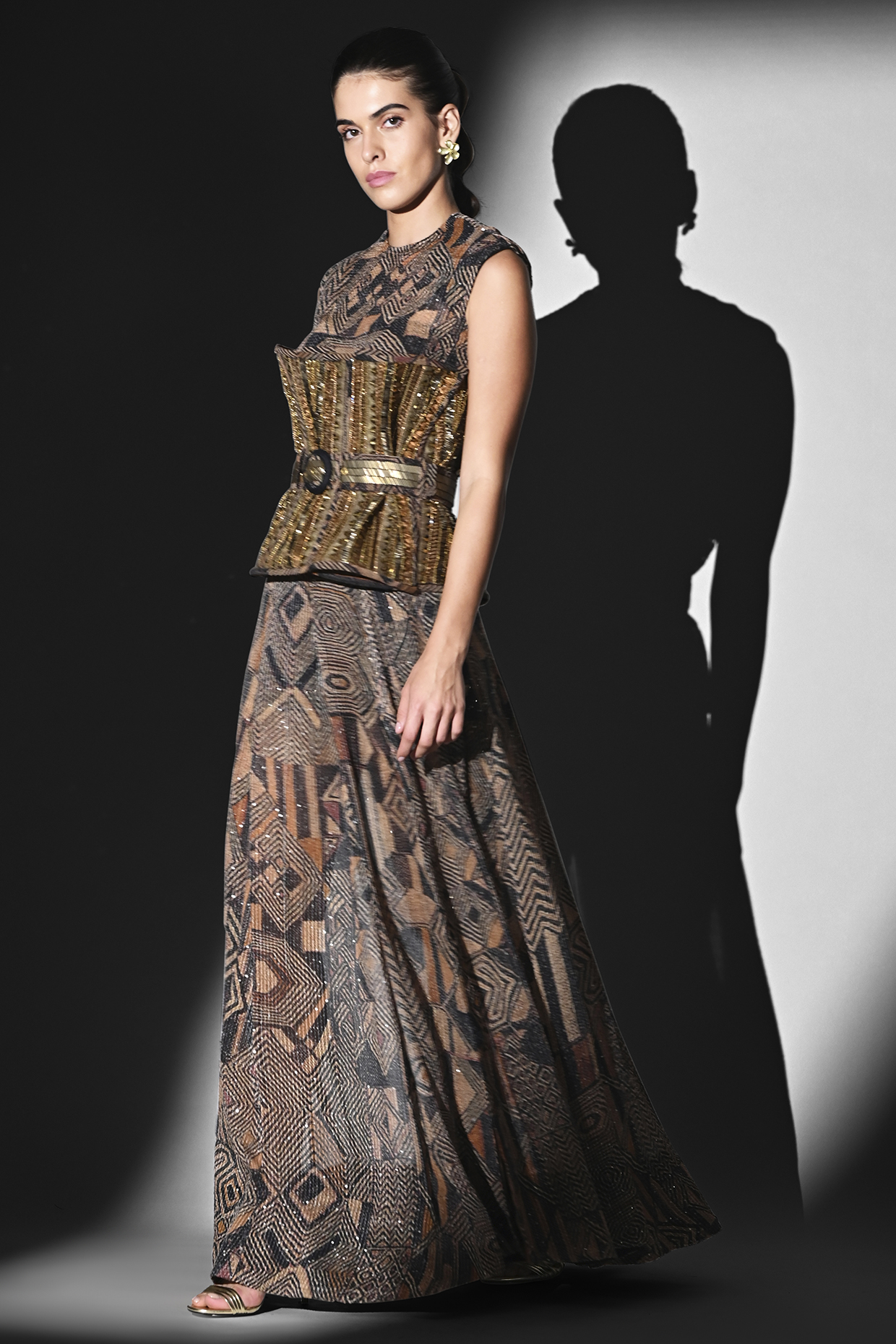 Brown Sequins Georgette Geometric Printed Skirt Set by Nikita Mhaisalkar at Pernia's Pop Up Shop