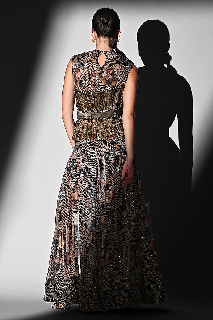 Brown Sequins Georgette Geometric Printed Skirt Set by Nikita Mhaisalkar at Pernia's Pop Up Shop