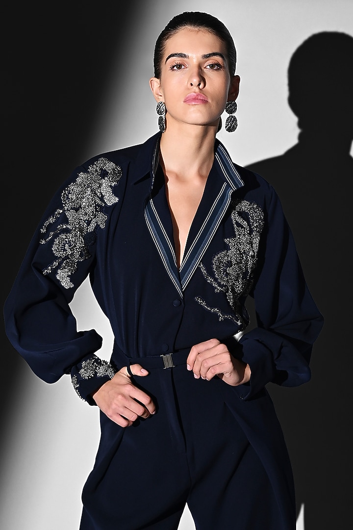 Indigo Blue Luxe Suiting Glass Beads Embroidered Shirt by Nikita Mhaisalkar at Pernia's Pop Up Shop