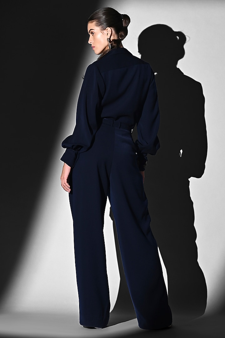 Indigo Blue Luxe Suiting Glass Beads Embroidered Shirt by Nikita Mhaisalkar at Pernia's Pop Up Shop