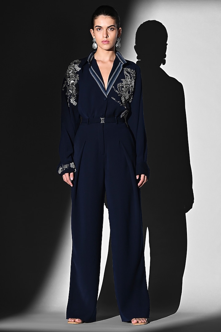 Indigo Blue Luxe Suiting Glass Beads Embroidered Shirt by Nikita Mhaisalkar at Pernia's Pop Up Shop
