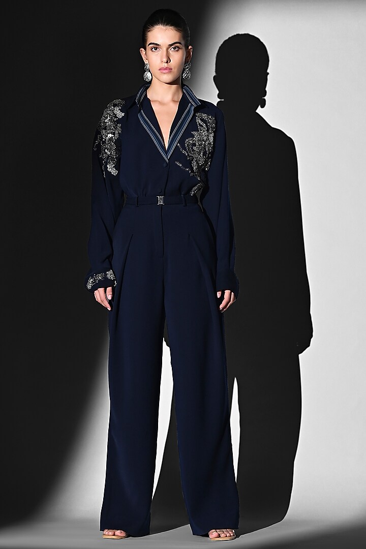 Indigo Blue Luxe Suiting Pants With Belt by Nikita Mhaisalkar at Pernia's Pop Up Shop
