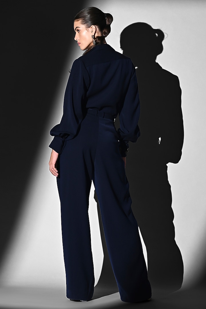 Indigo Blue Luxe Suiting Pants With Belt by Nikita Mhaisalkar at Pernia's Pop Up Shop