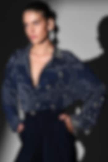 Indigo Blue Double Suiting Swirl Printed Shirt by Nikita Mhaisalkar at Pernia's Pop Up Shop