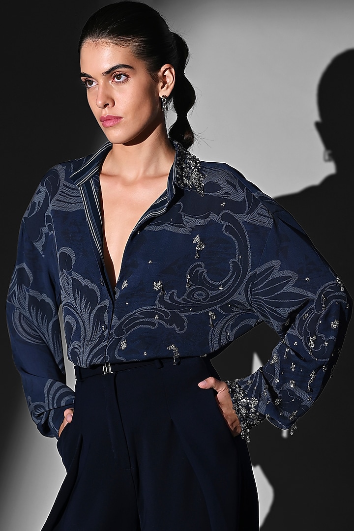 Indigo Blue Double Suiting Swirl Printed Shirt by Nikita Mhaisalkar at Pernia's Pop Up Shop