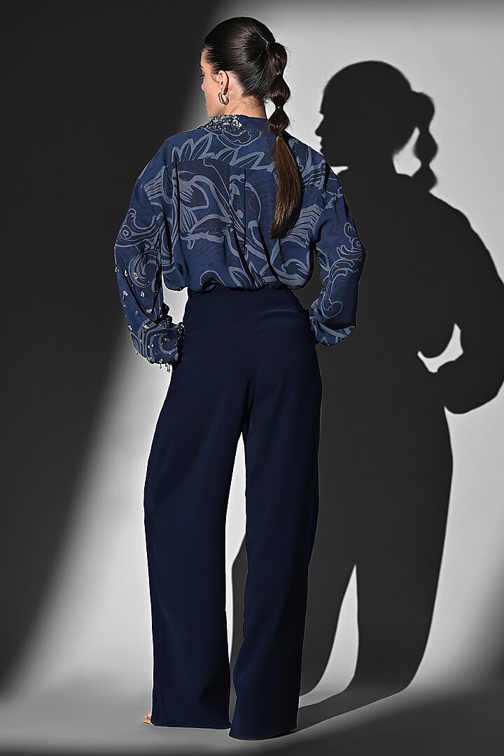 Indigo Blue Double Suiting Swirl Printed Shirt by Nikita Mhaisalkar at Pernia's Pop Up Shop